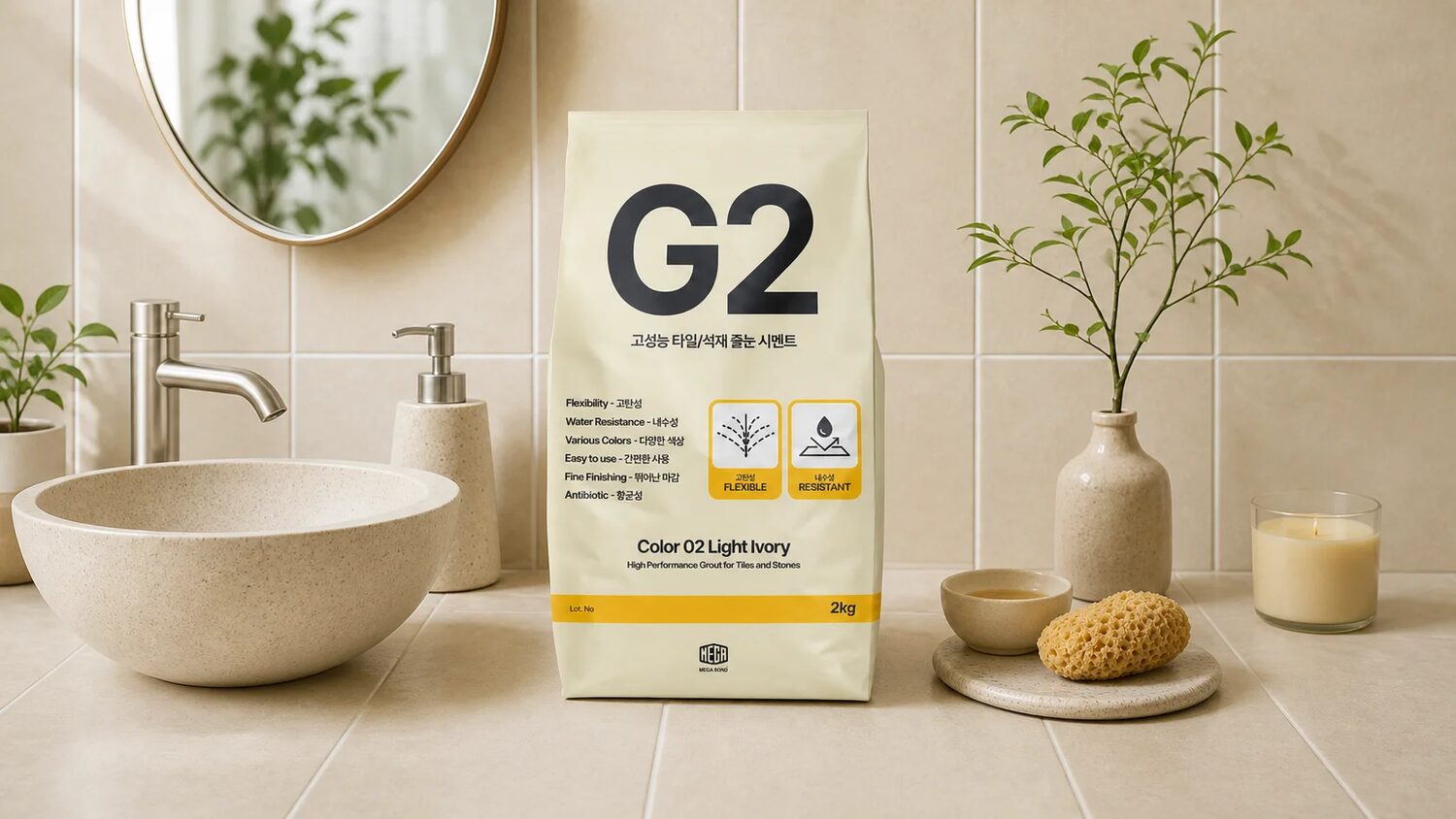 셀프타일시공 세면대 옆 타일 벽에 놓인 G2 줄눈시멘트