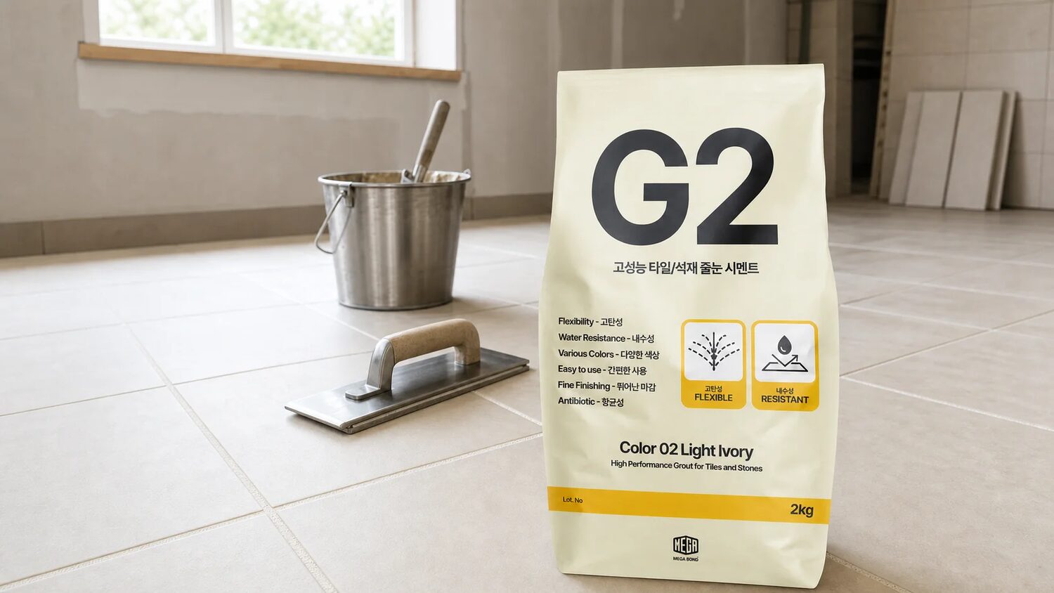 셀프타일시공 G2 줄눈시멘트와 줄눈 도구가 놓인 타일 바닥